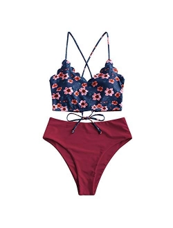 Sunflower Bikini Set Padded Lace Up Ruched Tankini High Waisted Bathing Suit