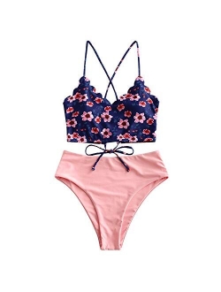 Sunflower Bikini Set Padded Lace Up Ruched Tankini High Waisted Bathing Suit