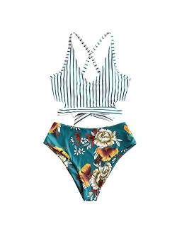 Sunflower Bikini Set Padded Lace Up Ruched Tankini High Waisted Bathing Suit