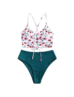 Sunflower Bikini Set Padded Lace Up Ruched Tankini High Waisted Bathing Suit