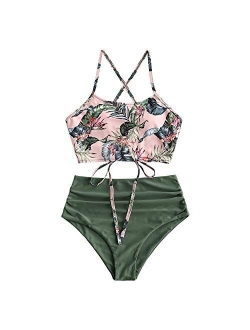 Sunflower Bikini Set Padded Lace Up Ruched Tankini High Waisted Bathing Suit