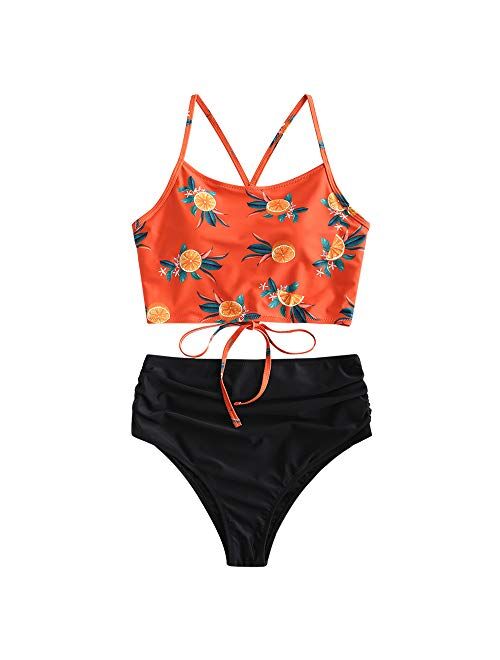 ZAFUL Sunflower Bikini Set Padded Lace Up Ruched Tankini High Waisted Bathing Suit