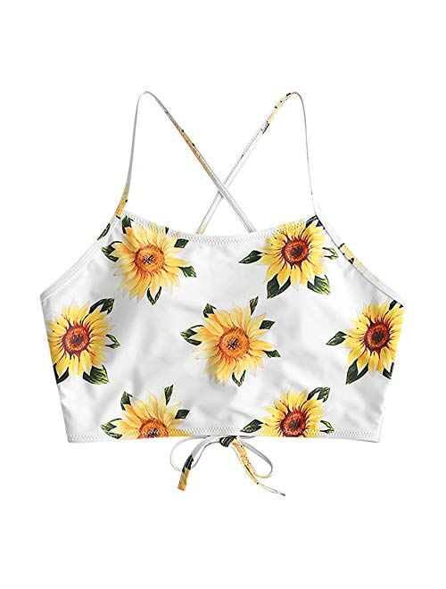 ZAFUL Sunflower Bikini Set Padded Lace Up Ruched Tankini High Waisted Bathing Suit