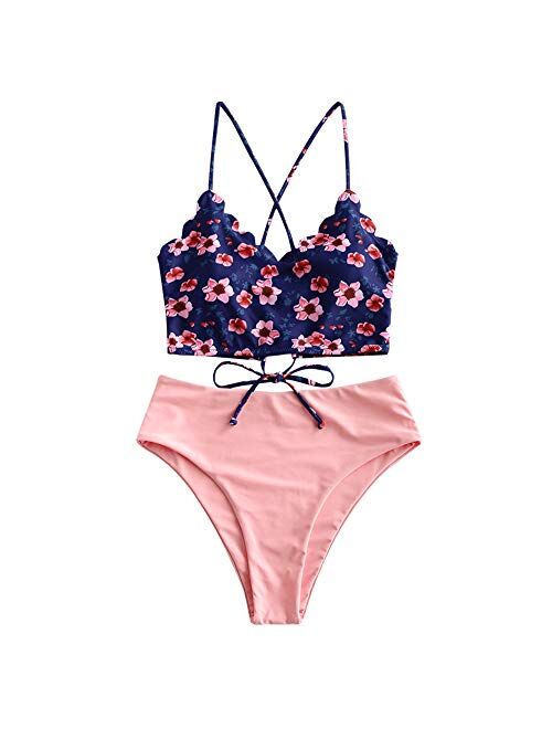 ZAFUL Sunflower Bikini Set Padded Lace Up Ruched Tankini High Waisted Bathing Suit