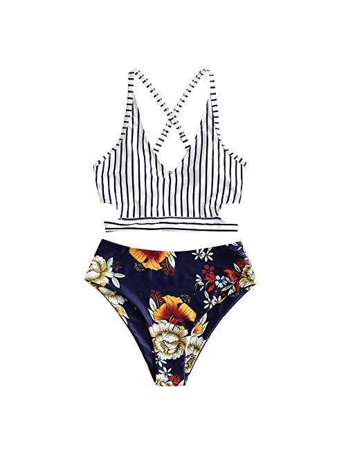 ZAFUL Sunflower Bikini Set Padded Lace Up Ruched Tankini High Waisted Bathing Suit