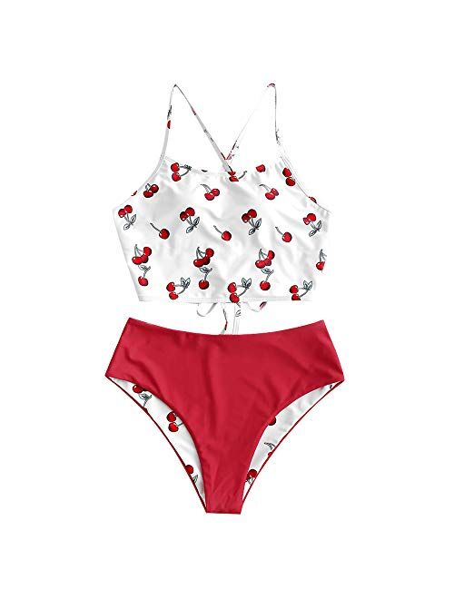 ZAFUL Sunflower Bikini Set Padded Lace Up Ruched Tankini High Waisted Bathing Suit