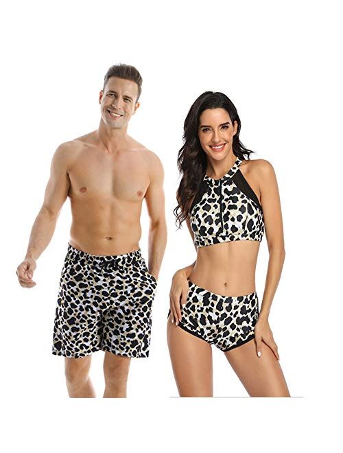 Ulikeey Matching Swimsuit for Couples Leopard Mens Trunk Women 2 Piece Bikini Set Modest