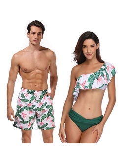 Green Tropical Plant Couples Matching Swimsuit Bikini 2 Piece Set Beach Bathing Swimwear