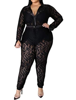 Women's Sexy Plus Size See Through Jumpsuit Sheer Mesh Bodycon Floral Jumpsuit Plus Size Clubwear Rompers