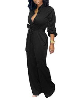 Tbahhir Women's Black and White Colorblock Long Sleeve Jumpsuit Wide Leg Long Pants Romper Overalls