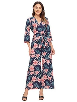 Women's Floral Embroidery Belted Wrap Wide Leg Jumpsuit Culotte