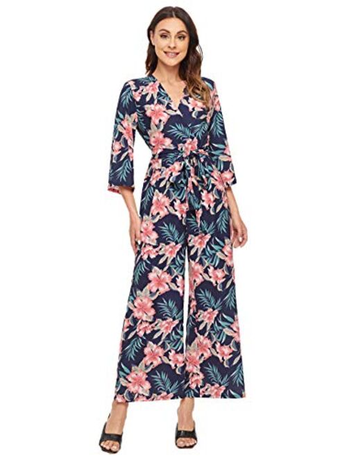 Verdusa Women's Floral Embroidery Belted Wrap Wide Leg Jumpsuit Culotte