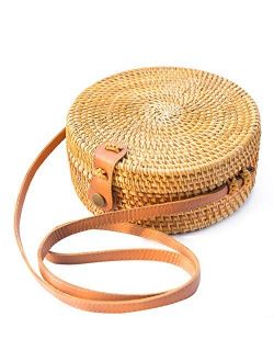 Handwoven Round Rattan Bag Shoulder Leather Straps Natural Chic Hand NATURAL NEO