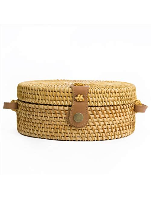 Handwoven Round Rattan Bag Shoulder Leather Straps Natural Chic Hand NATURAL NEO