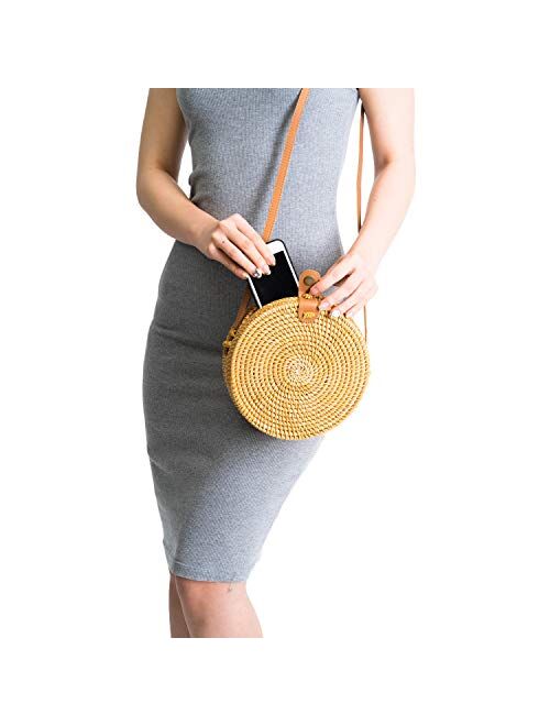 Handwoven Round Rattan Bag Shoulder Leather Straps Natural Chic Hand NATURAL NEO