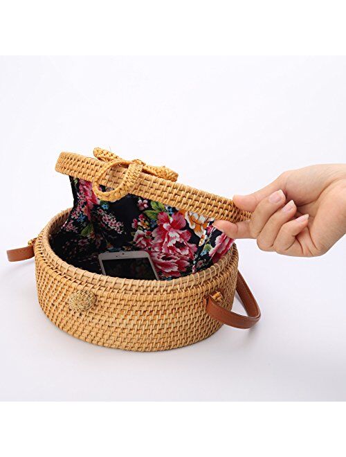 Handwoven Round Rattan Bag Shoulder Leather Straps Natural Chic Hand NATURAL NEO