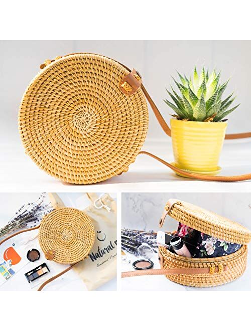 Handwoven Round Rattan Bag Shoulder Leather Straps Natural Chic Hand NATURAL NEO