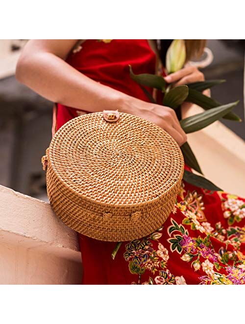 Handwoven Round Rattan Bag Shoulder Leather Straps Natural Chic Hand NATURAL NEO