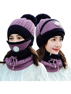 3pcs/Set Fashion Women Winter Knitted Hat Thickened Woolen Cap with Warm Mask and Neck Scarf