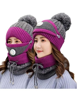 3pcs/Set Fashion Women Winter Knitted Hat Thickened Woolen Cap with Warm Mask and Neck Scarf