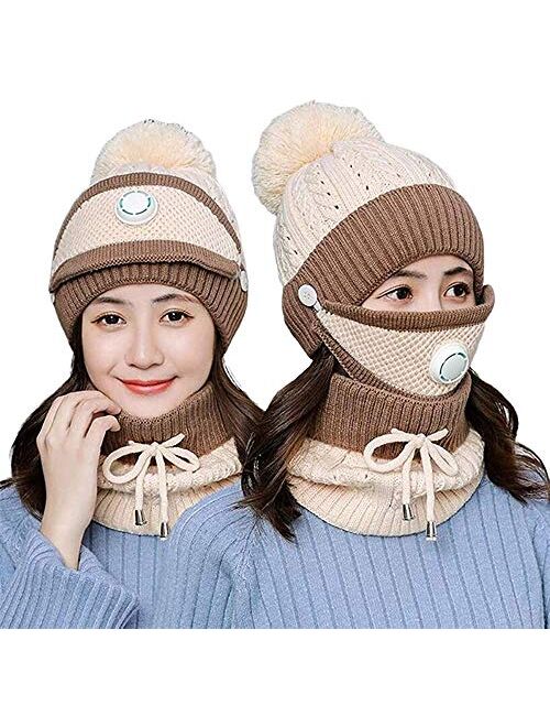 3pcs/Set Fashion Women Winter Knitted Hat Thickened Woolen Cap with Warm Mask and Neck Scarf