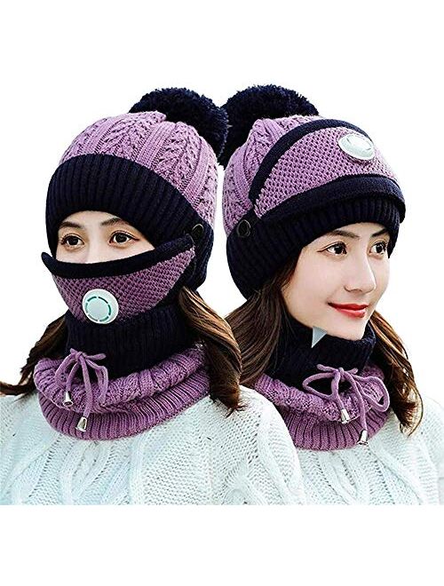 3pcs/Set Fashion Women Winter Knitted Hat Thickened Woolen Cap with Warm Mask and Neck Scarf