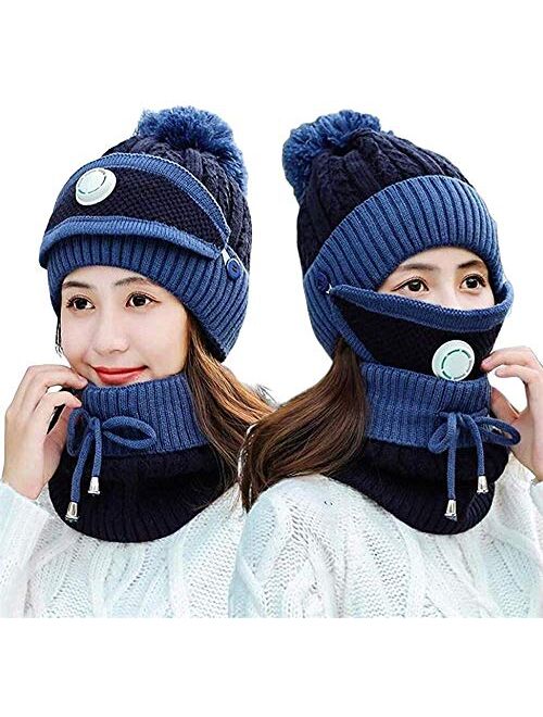 3pcs/Set Fashion Women Winter Knitted Hat Thickened Woolen Cap with Warm Mask and Neck Scarf