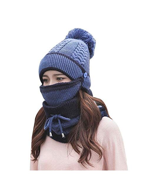 3pcs/Set Fashion Women Winter Knitted Hat Thickened Woolen Cap with Warm Mask and Neck Scarf