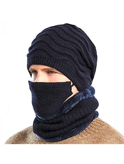 Vita Culina Unisex Winter Outdoor Wind Proof 3pcs Knit Hat Skull Cap, Neck Warmer Scarf and Cloth Mask (5ply Pocket Filter)