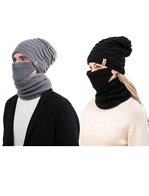 Vita Culina Unisex Winter Outdoor Wind Proof 3pcs Knit Hat Skull Cap, Neck Warmer Scarf and Cloth Mask (5ply Pocket Filter)