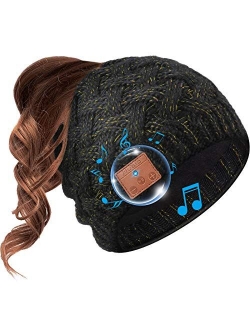 Beanie Hat Bluetooth Headphone Ponytail Warm Beanies for Women Built-in Mic