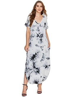 Women's Boho Casual Maxi Short Sleeve Split Tie Dye Long Dress with Pockets