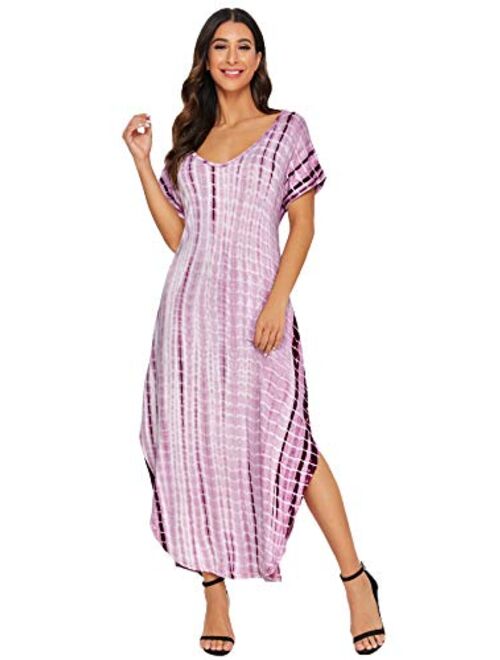 MakeMeChic Women's Boho Casual Maxi Short Sleeve Split Tie Dye Long Dress with Pockets