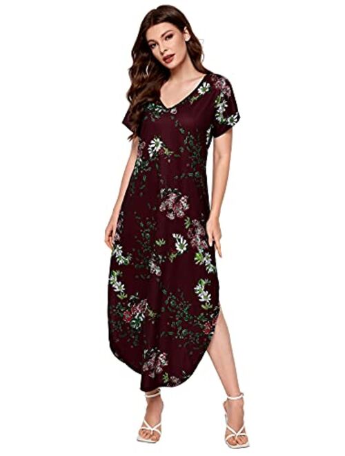 MakeMeChic Women's Boho Casual Maxi Short Sleeve Split Tie Dye Long Dress with Pockets