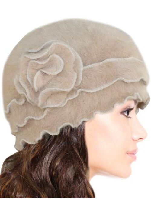 Dahlia Women's Skullies & Beanies - Angora Wool Winter Hat w/Ruffled Flower