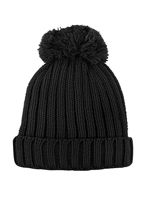 Winter Pom Pom Beanie Hat - Cute Knit Yarn and Warm Fleece-Lined Slouchy Skull Ski Cap for Women