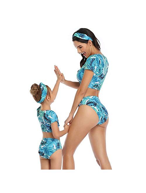 Blue Leaves Family Matching Swimsuit Tankini 2 Piece Set, Matching Swimwear for Dad Mom Son Daughter