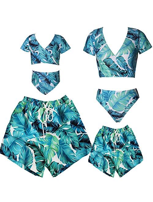 Blue Leaves Family Matching Swimsuit Tankini 2 Piece Set, Matching Swimwear for Dad Mom Son Daughter