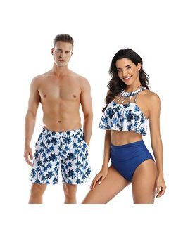 Ulikeey Couples Matching Swimsuit High Waist, Blue Coconut Trees, Beach Bathing Matching Swimwear