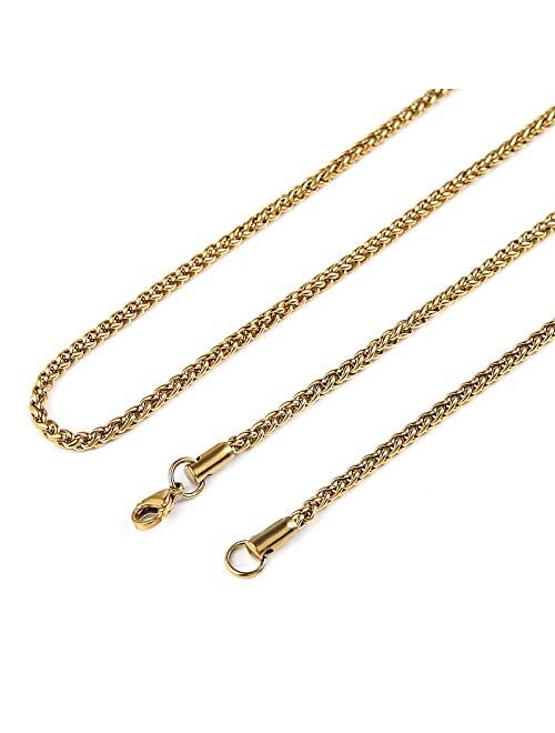 HZMAN 3.0 mm Stainless Steel Wheat Silver Chain Necklaces for Men & Women 16" -30"