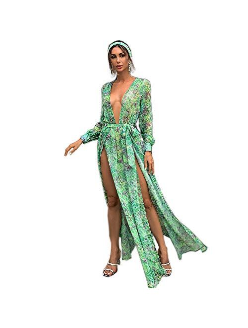 Miss ord Women's Deep V Long Sleeve Slim Split Maxi Dress with Belt