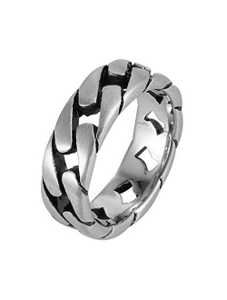 Mens Stainless Steel 7mm Wide Band Cuban Link Chain Ring, 5 Colour