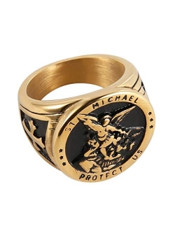 St. Michael San Miguel The Great Protector Archangel Defeating Satan Figurine Stainless Steel Amulet Ring