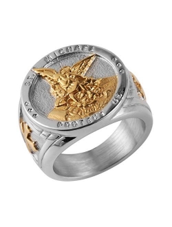 St. Michael San Miguel The Great Protector Archangel Defeating Satan Figurine Stainless Steel Amulet Ring