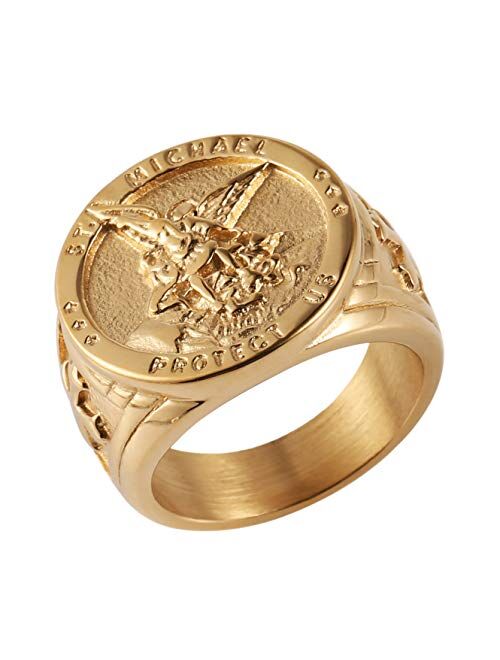 HZMAN St. Michael San Miguel The Great Protector Archangel Defeating Satan Figurine Stainless Steel Amulet Ring