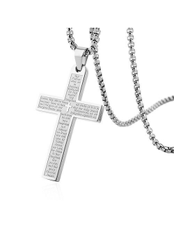 Stainless Steel Mens Womens Cross Necklace Lord's Prayer Pendant, 4 Colors Available