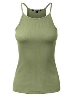 Women's High Neck Ribbed Racerback Halter Tank Tops