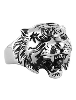 Men's Vintage Gothic Tribal Biker Tiger Head Skull Stainless Steel Ring Band