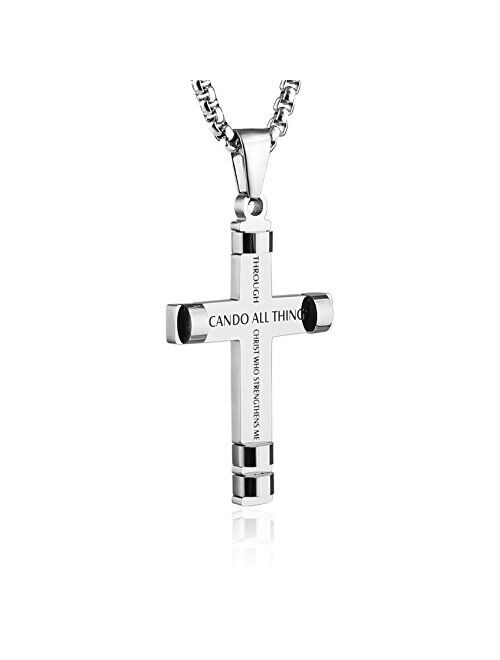 HZMAN Philippians 4:13 Cross Pendant STRENGTH Bible Verse Stainless Steel Necklace 3 Colors Available