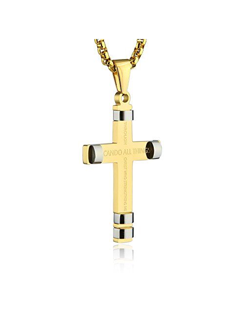 HZMAN Philippians 4:13 Cross Pendant STRENGTH Bible Verse Stainless Steel Necklace 3 Colors Available